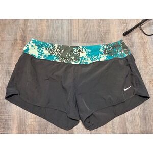 Nike Dri-FIT Womens Running Shorts Black Teal Abstract Print Waistband Size S